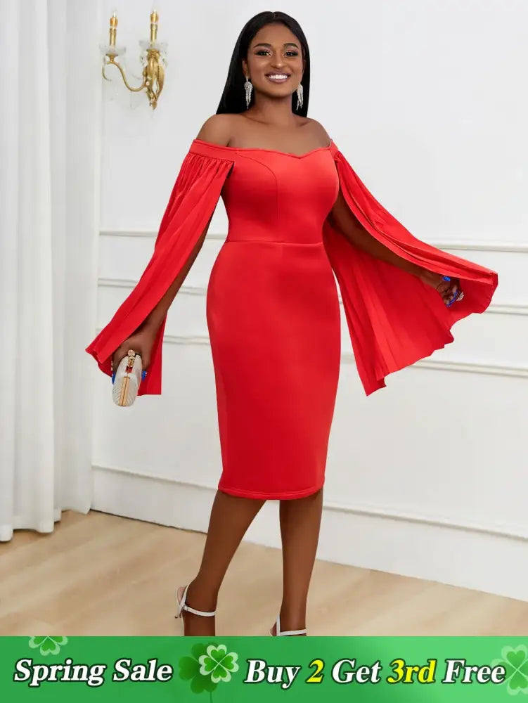 AOMEI Cloack Sleeve Party Dresses Off The Shoulder Red Bodycon Knee Length Red / S