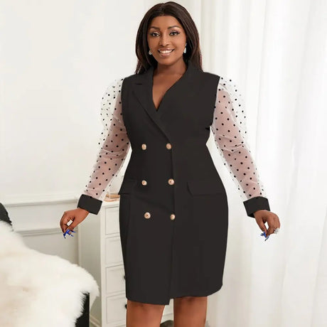 AOMEI Dots Tulle Sleeve Elegant Blazer Dress Mini Black / 1XL