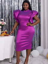 AOMEI Flare Sleeve Shiny Bodycon Party Dresses Purple / S