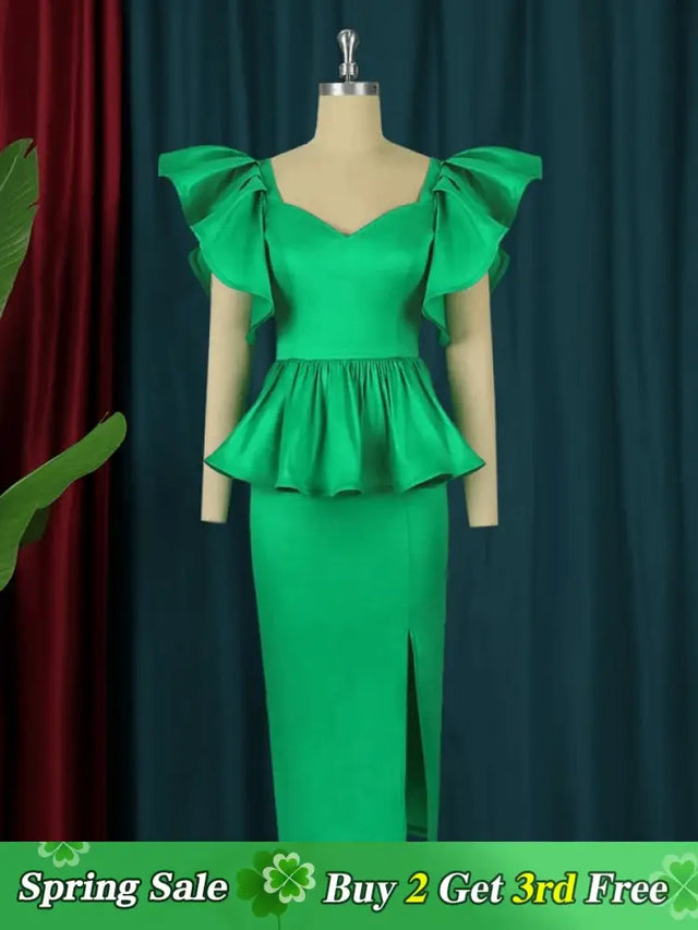 AOMEI Green Midi Peplum Ruffles Shiny Dress