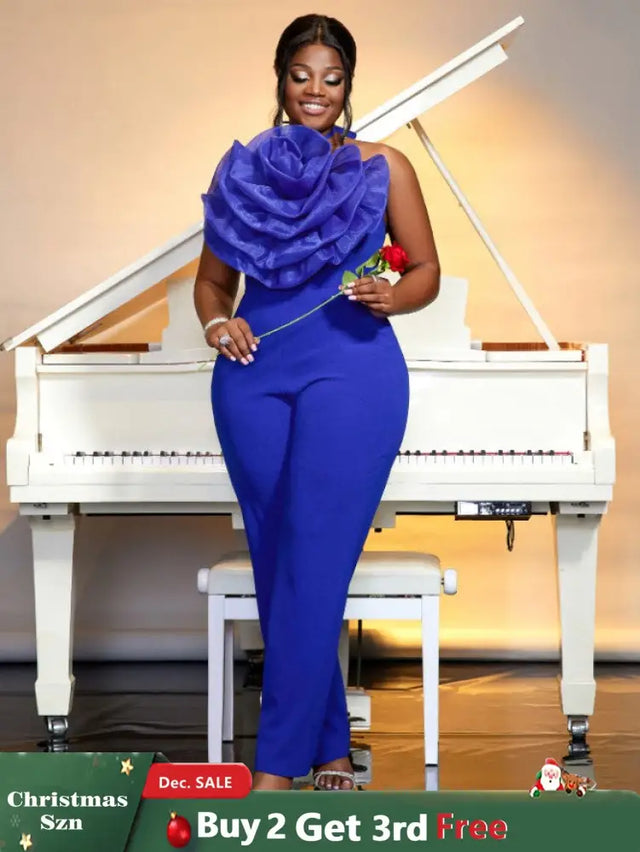 blue halterneck sleeveless jumpsuit for women