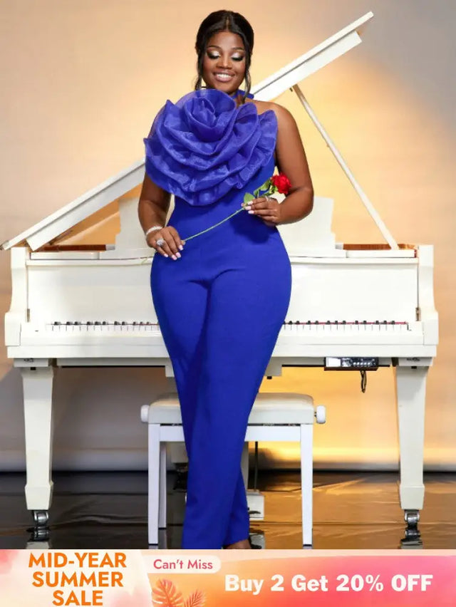 blue halterneck sleeveless jumpsuit for women
