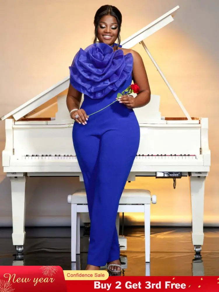 blue halterneck sleeveless jumpsuit for women