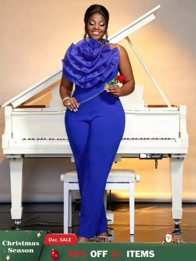 blue halterneck sleeveless jumpsuit for women