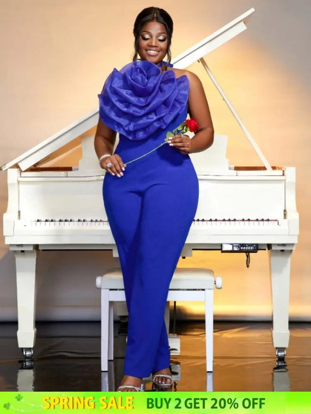 blue halterneck sleeveless jumpsuit for women