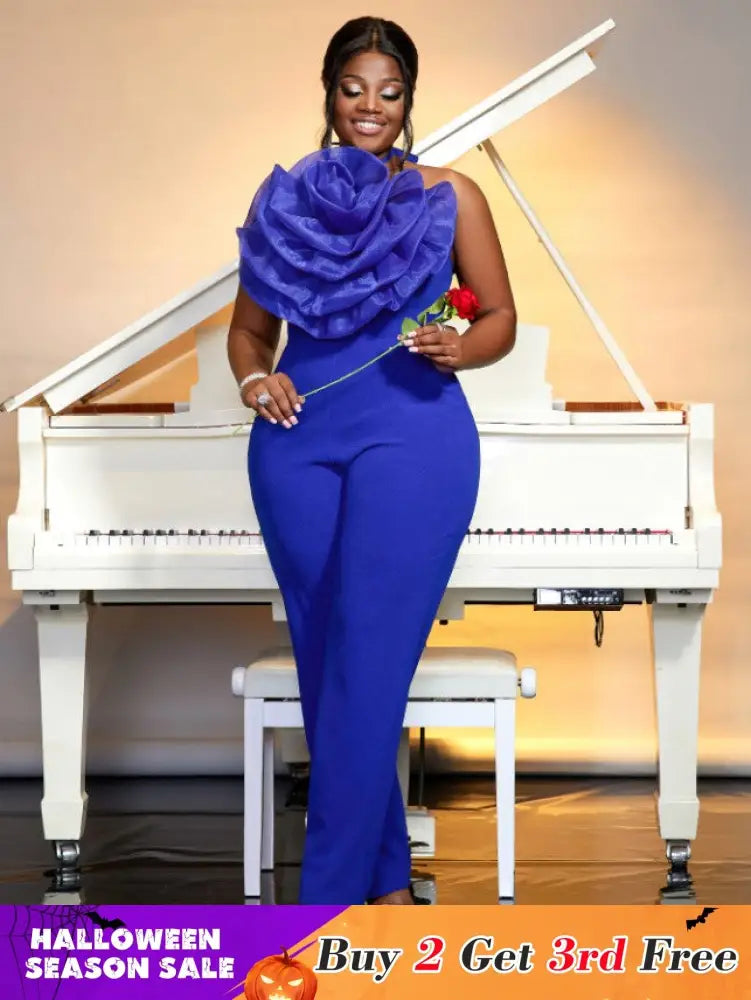 blue halterneck sleeveless jumpsuit for women