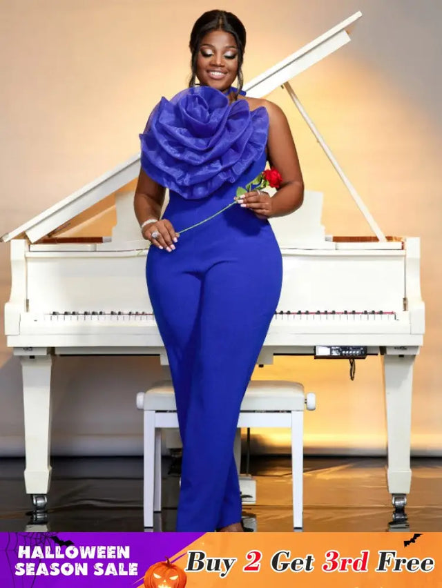 blue halterneck sleeveless jumpsuit for women