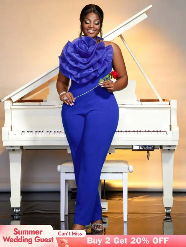 blue halterneck sleeveless jumpsuit for women