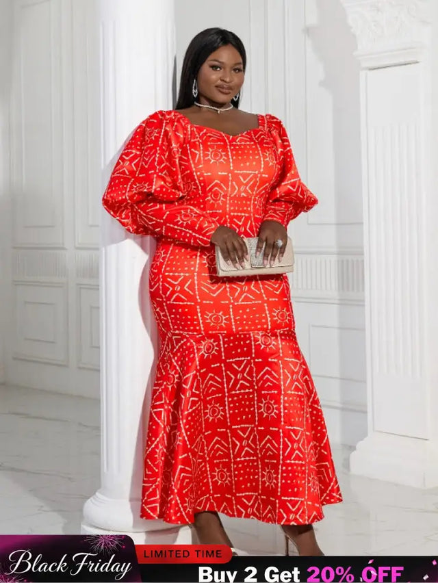 AOMEI Lantern Sleeve Printed Mermaid Maxi Dress
