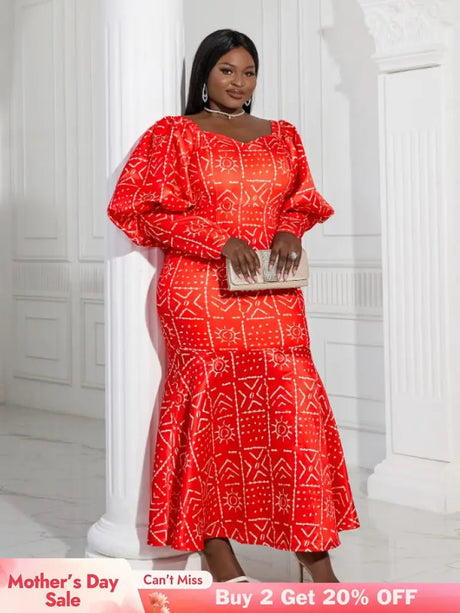 AOMEI Lantern Sleeve Printed Mermaid Maxi Dress