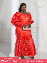AOMEI Lantern Sleeve Printed Mermaid Maxi Dress