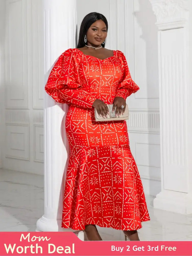 AOMEI Lantern Sleeve Printed Mermaid Maxi Dress