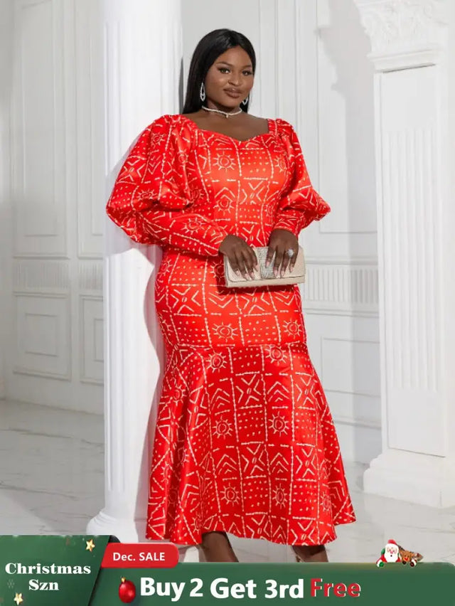 AOMEI Lantern Sleeve Printed Mermaid Maxi Dress