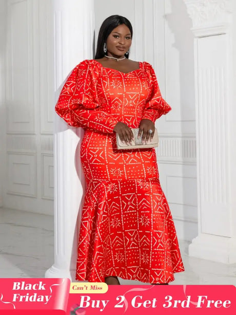 AOMEI Lantern Sleeve Printed Mermaid Maxi Dress