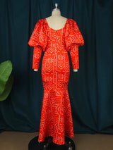 AOMEI Lantern Sleeve Printed Mermaid Maxi Dress
