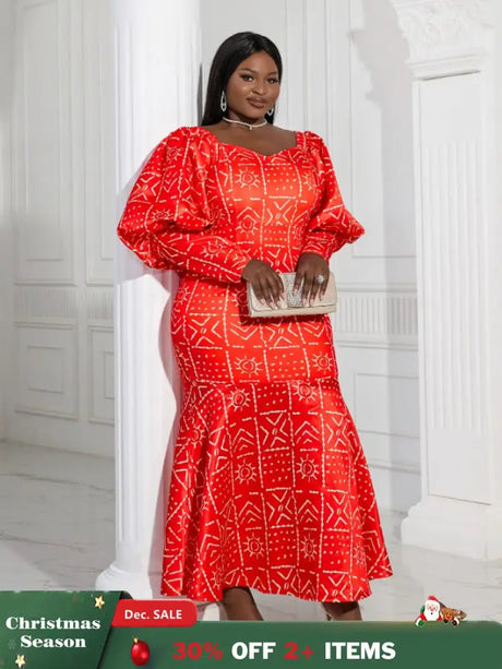 AOMEI Lantern Sleeve Printed Mermaid Maxi Dress