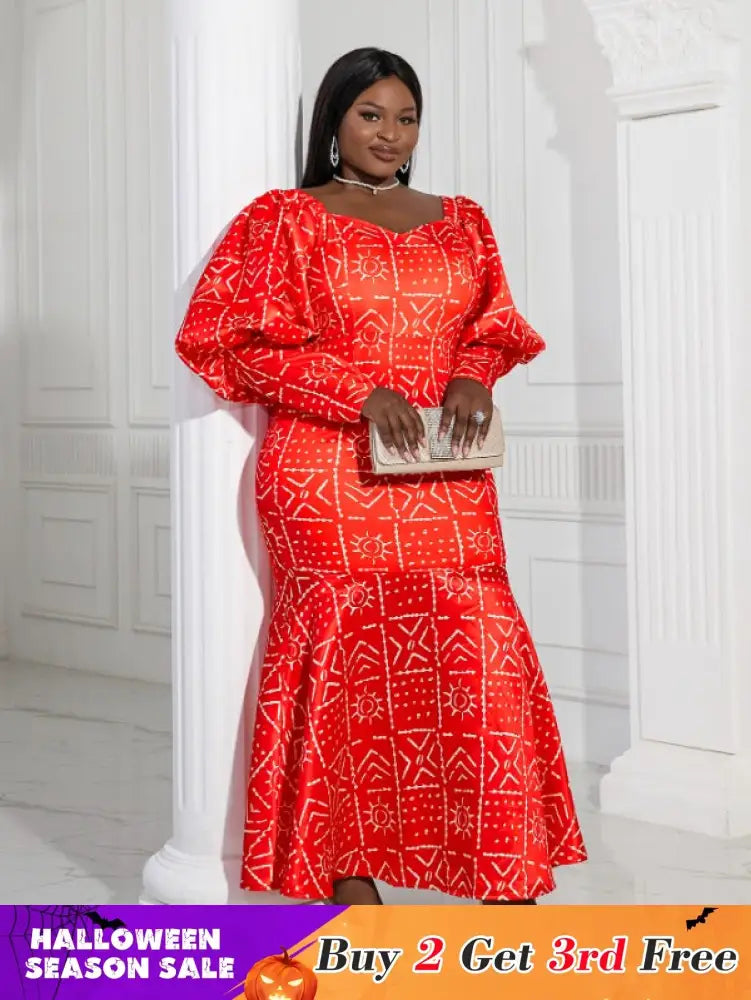 AOMEI Lantern Sleeve Printed Mermaid Maxi Dress