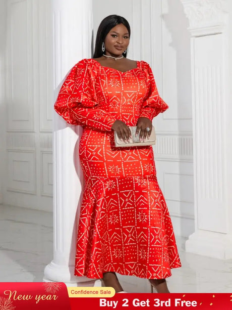 AOMEI Lantern Sleeve Printed Mermaid Maxi Dress