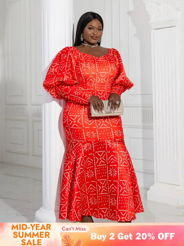 AOMEI Lantern Sleeve Printed Mermaid Maxi Dress