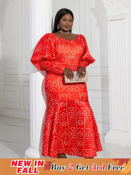 AOMEI Lantern Sleeve Printed Mermaid Maxi Dress