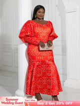 AOMEI Lantern Sleeve Printed Mermaid Maxi Dress