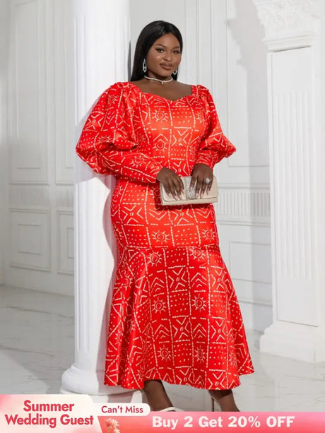 AOMEI Lantern Sleeve Printed Mermaid Maxi Dress