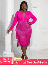 Aomei Long Sleeves Tassels Midi Deep V Neck Sexy Dress