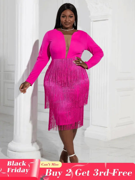 Aomei Long Sleeves Tassels Midi Deep V Neck Sexy Dress