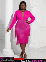 Aomei Long Sleeves Tassels Midi Deep V Neck Sexy Dress