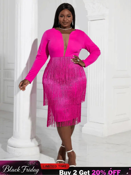 Aomei Long Sleeves Tassels Midi Deep V Neck Sexy Dress