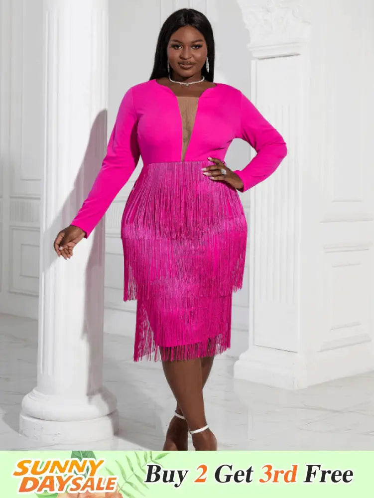 Aomei Long Sleeves Tassels Midi Deep V Neck Sexy Dress