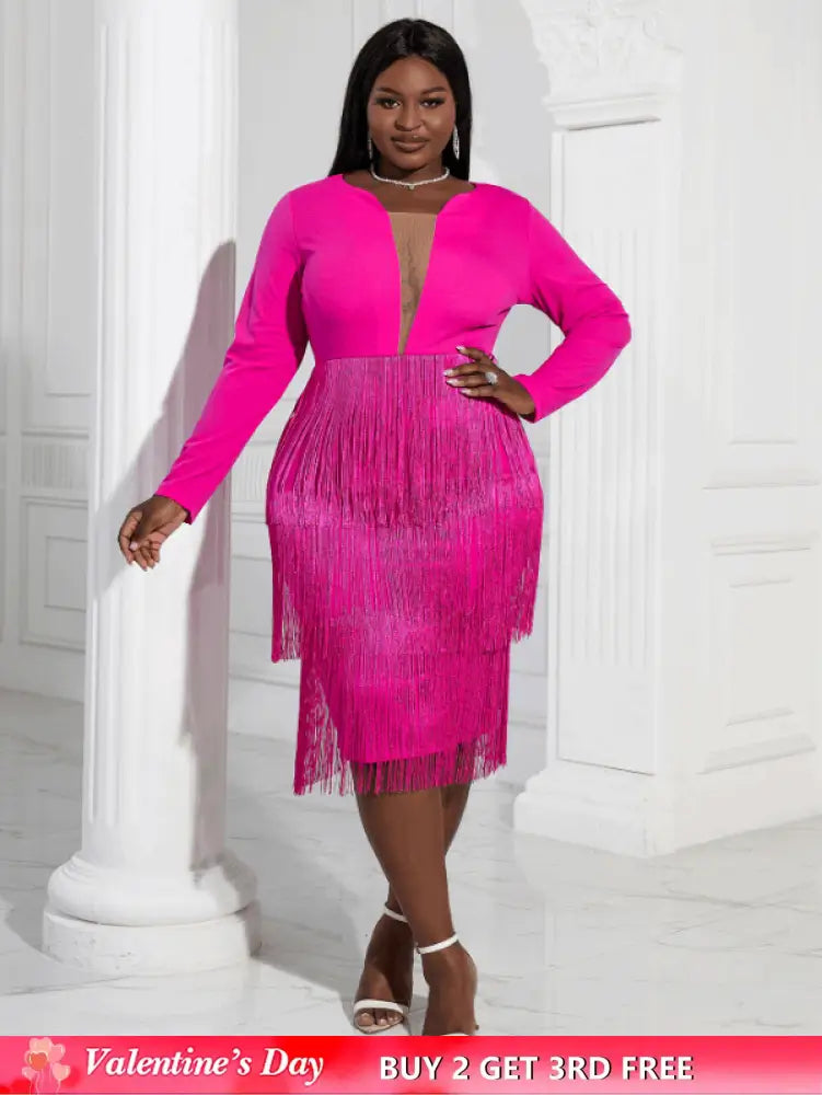 Aomei Long Sleeves Tassels Midi Deep V Neck Sexy Dress