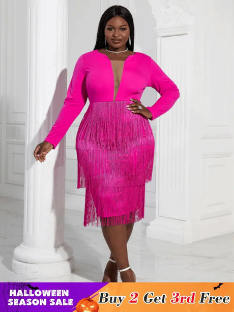 Aomei Long Sleeves Tassels Midi Deep V Neck Sexy Dress