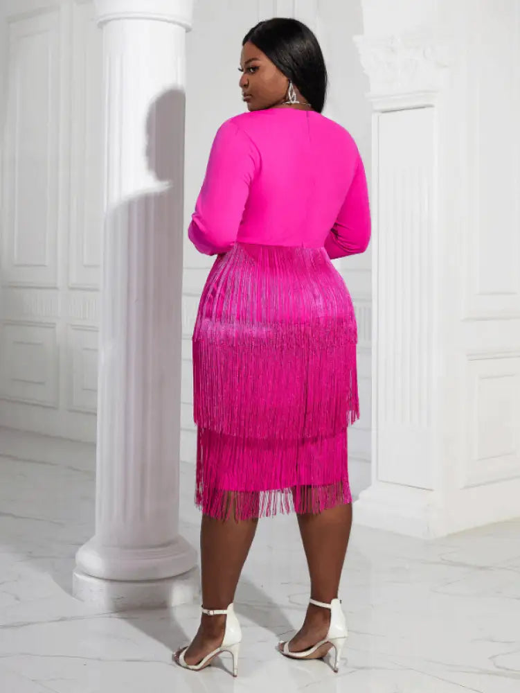 Aomei Long Sleeves Tassels Midi Deep V Neck Sexy Dress
