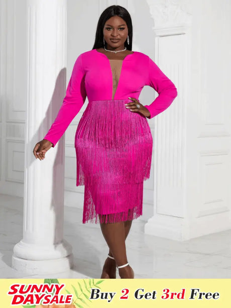 Aomei Long Sleeves Tassels Midi Deep V Neck Sexy Dress