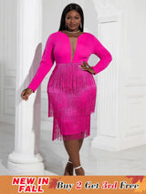 Aomei Long Sleeves Tassels Midi Deep V Neck Sexy Dress