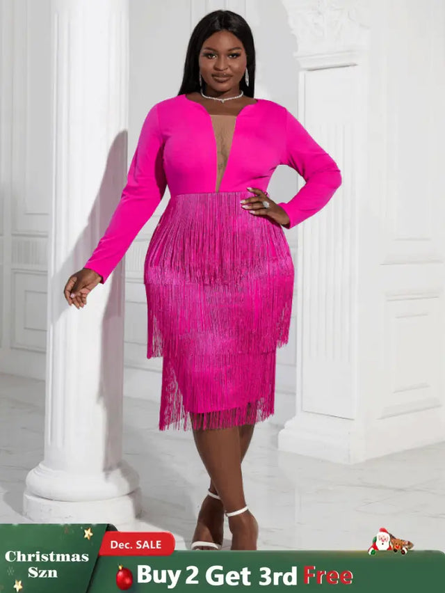 Aomei Long Sleeves Tassels Midi Deep V Neck Sexy Dress