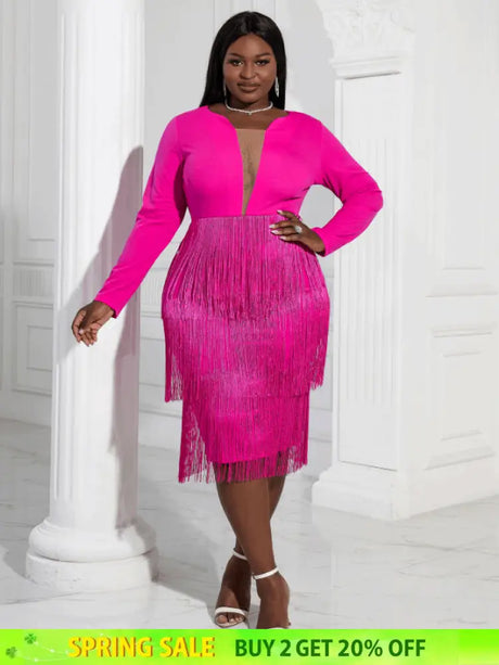 Aomei Long Sleeves Tassels Midi Deep V Neck Sexy Dress