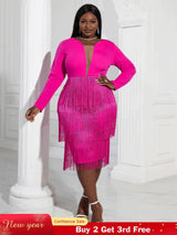 Aomei Long Sleeves Tassels Midi Deep V Neck Sexy Dress