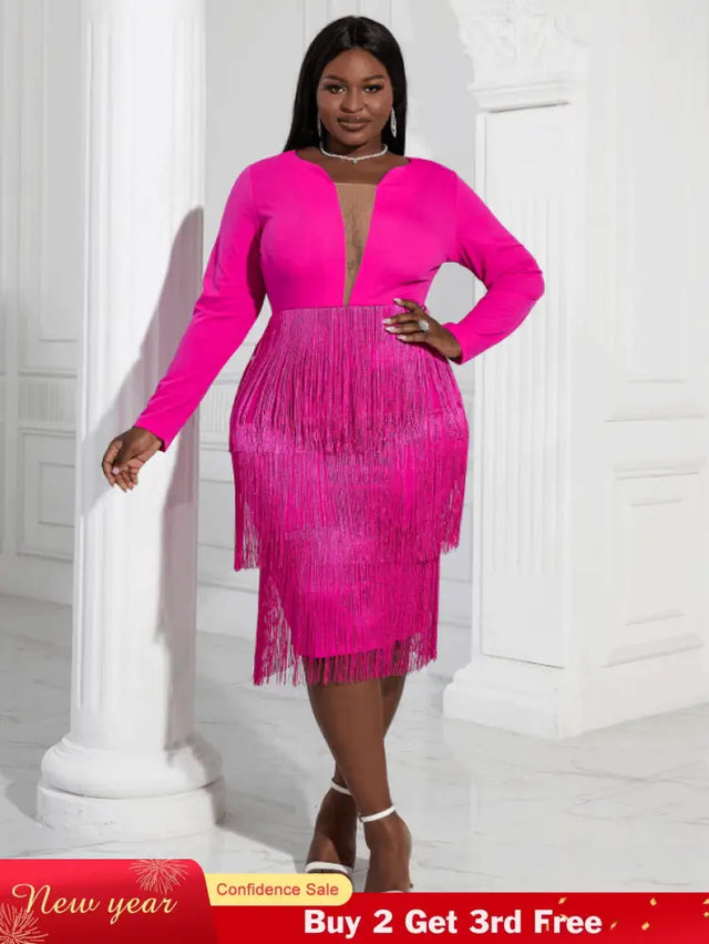 Aomei Long Sleeves Tassels Midi Deep V Neck Sexy Dress