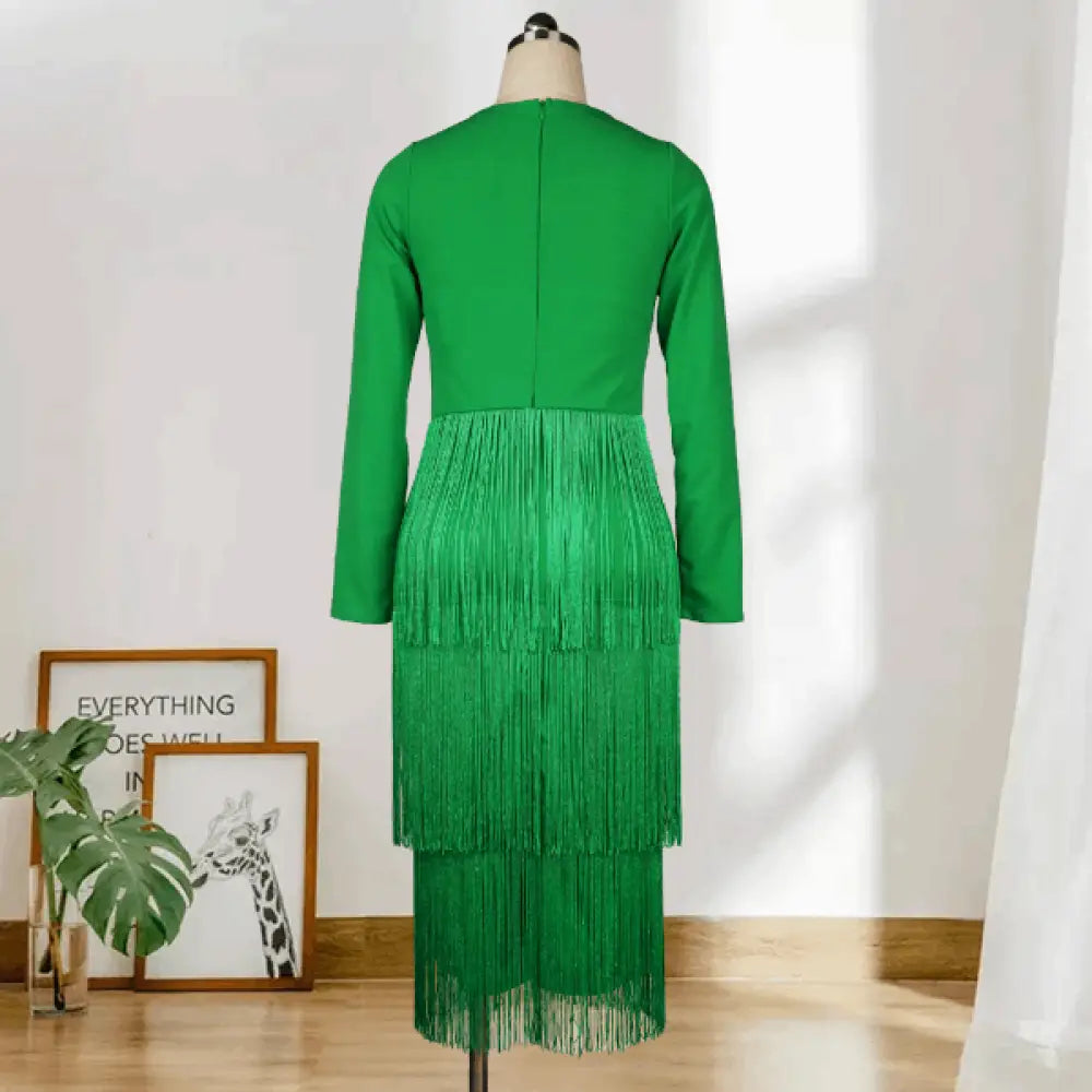 Aomei Long Sleeves Tassels Midi Deep V Neck Sexy Dress