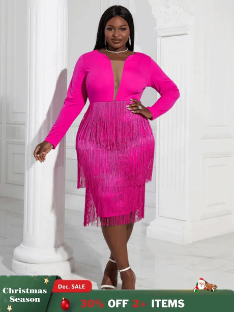 Aomei Long Sleeves Tassels Midi Deep V Neck Sexy Dress