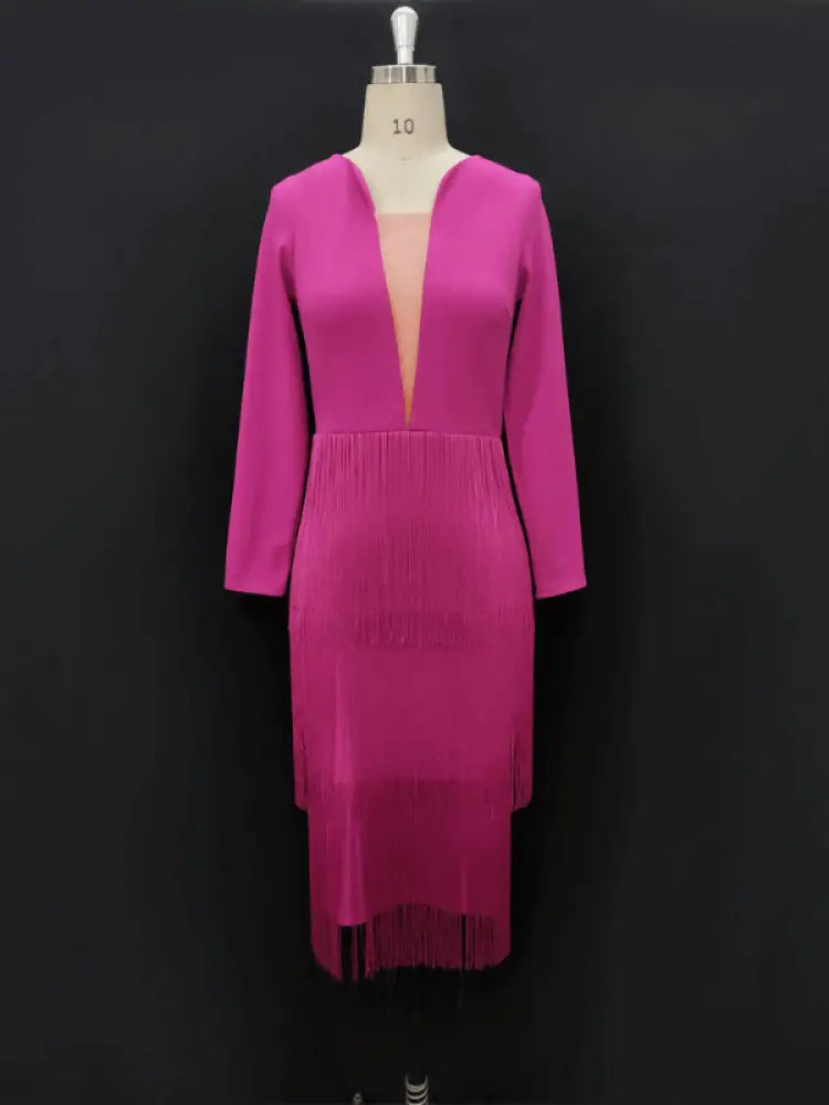 Aomei Long Sleeves Tassels Midi Deep V Neck Sexy Dress