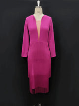 Aomei Long Sleeves Tassels Midi Deep V Neck Sexy Dress