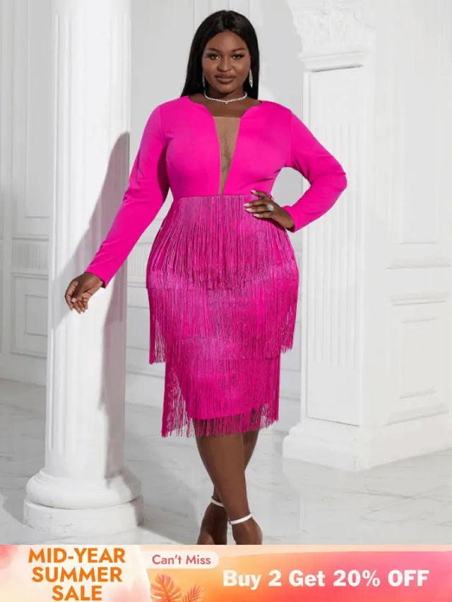Aomei Long Sleeves Tassels Midi Deep V Neck Sexy Dress