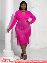 Aomei Long Sleeves Tassels Midi Deep V Neck Sexy Dress