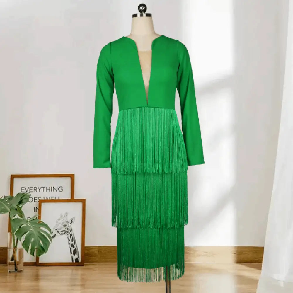 Aomei Long Sleeves Tassels Midi Deep V Neck Sexy Dress