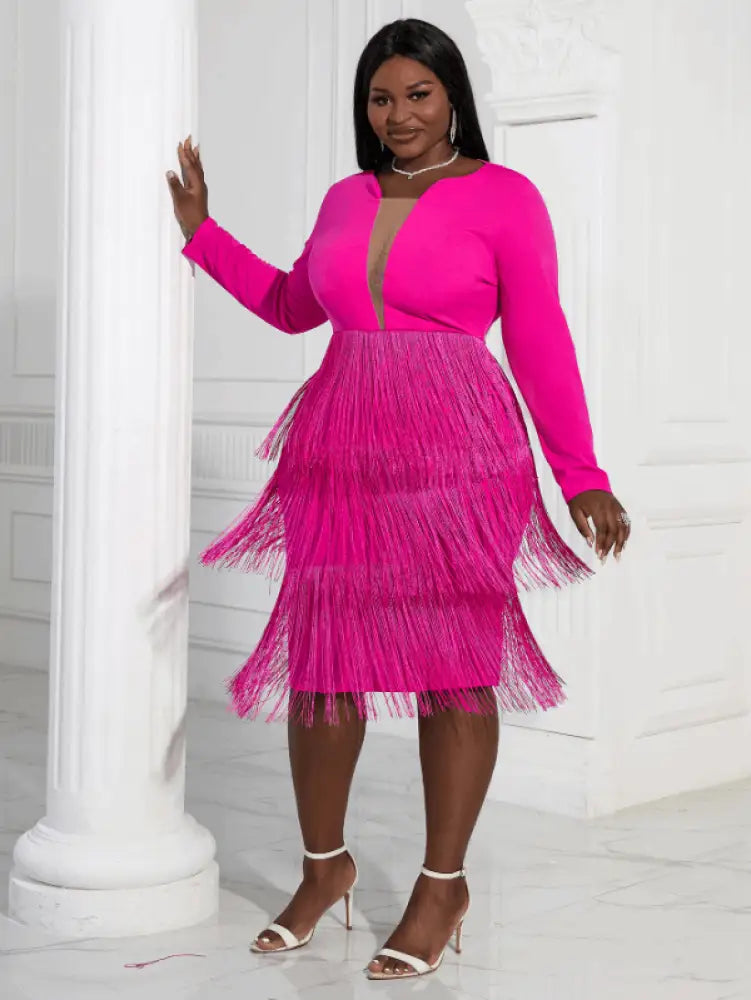 Aomei Long Sleeves Tassels Midi Deep V Neck Sexy Dress