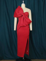 AOMEI Maxi One Shoulder Bow Birthday Dress Slit