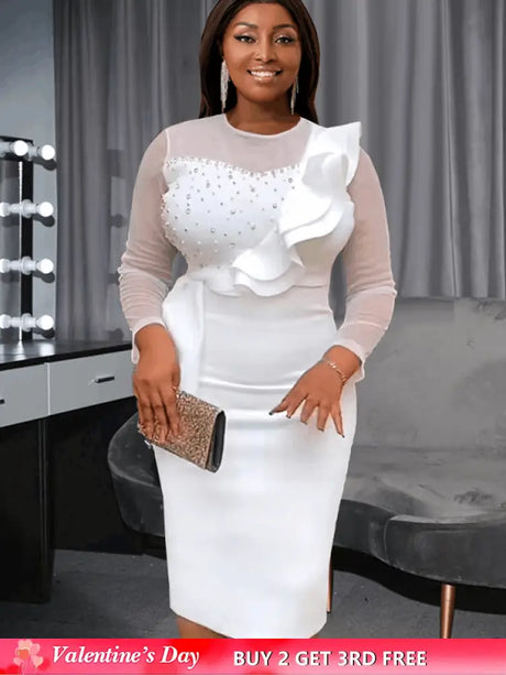 AOMEI Mesh Patchwork Beading Ruffle Dress Midi